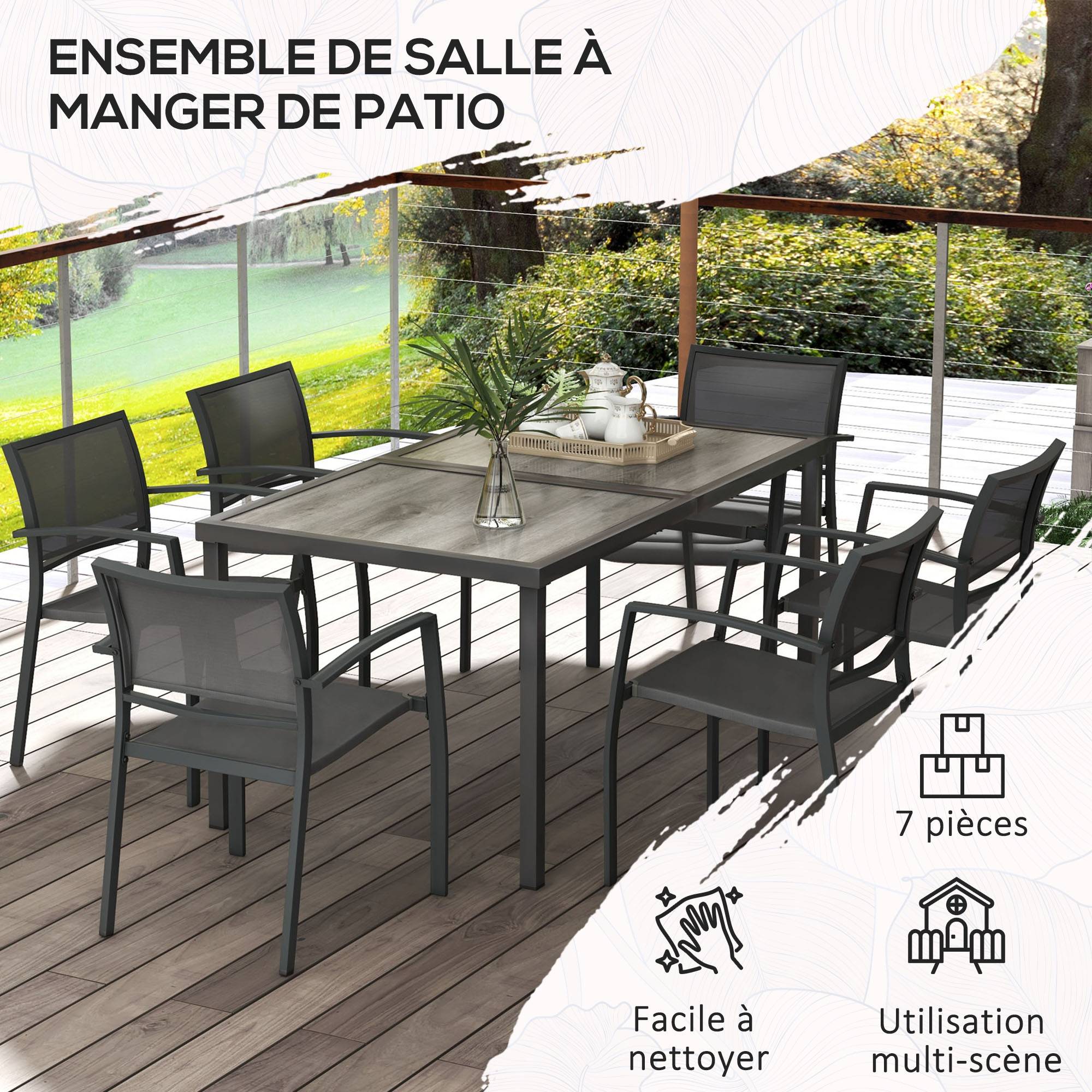 Salon de jardin métal et textilène gris foncé 150 x 87 x 72 cm - PANGIVO - Image 8