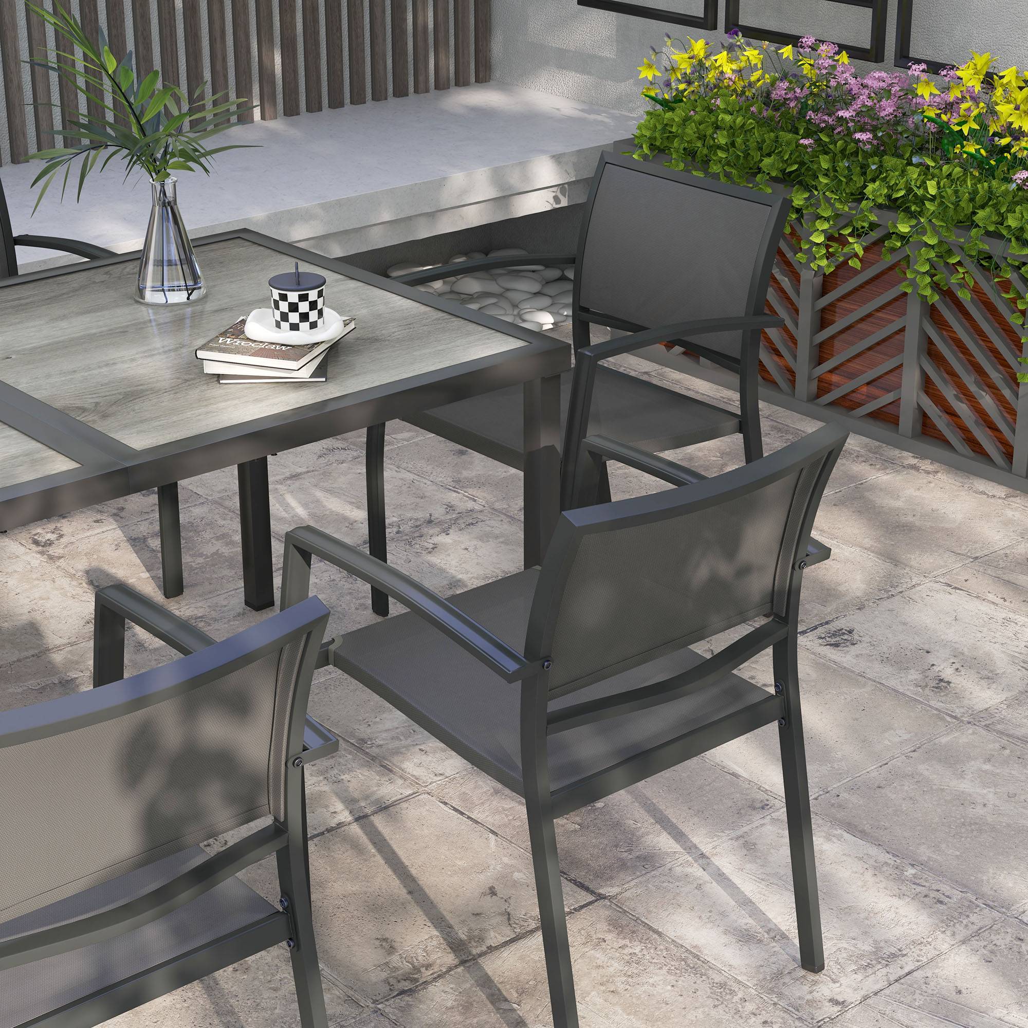 Salon de jardin métal et textilène gris foncé 150 x 87 x 72 cm - PANGIVO - Image 9