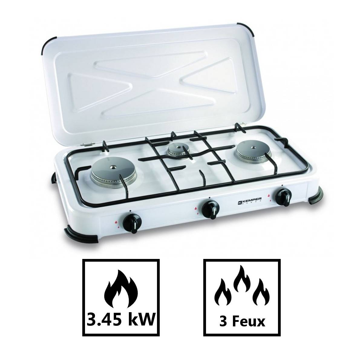 Réchaud gaz portable 3 feux 3450W Blanc laqué Couvercle Plaque de cuisson KEMPER - Imagen 3
