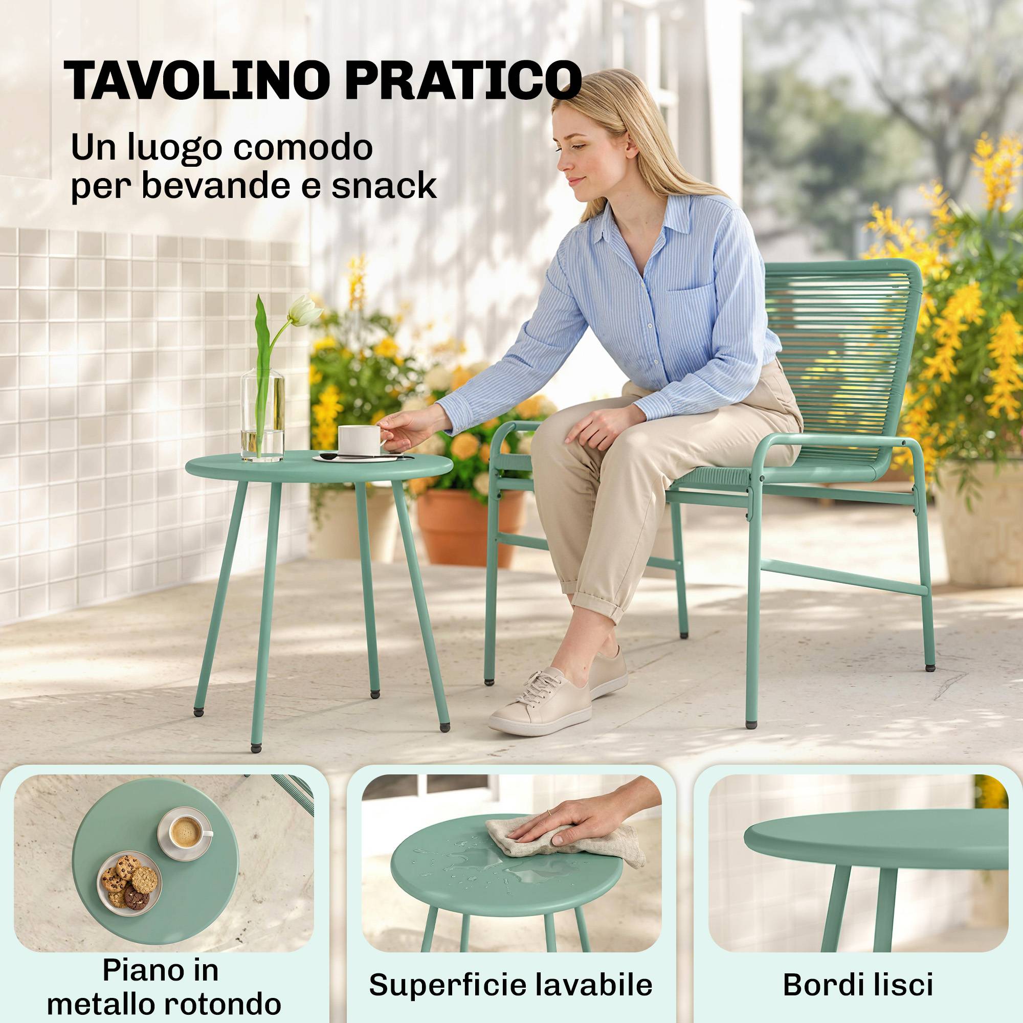 Salon de Jardin Bistrot Résine Tressée Balcon Terrasse Table Chaises 67x58x75cm Vert - ComfortXL Outdoor Living - Image 8