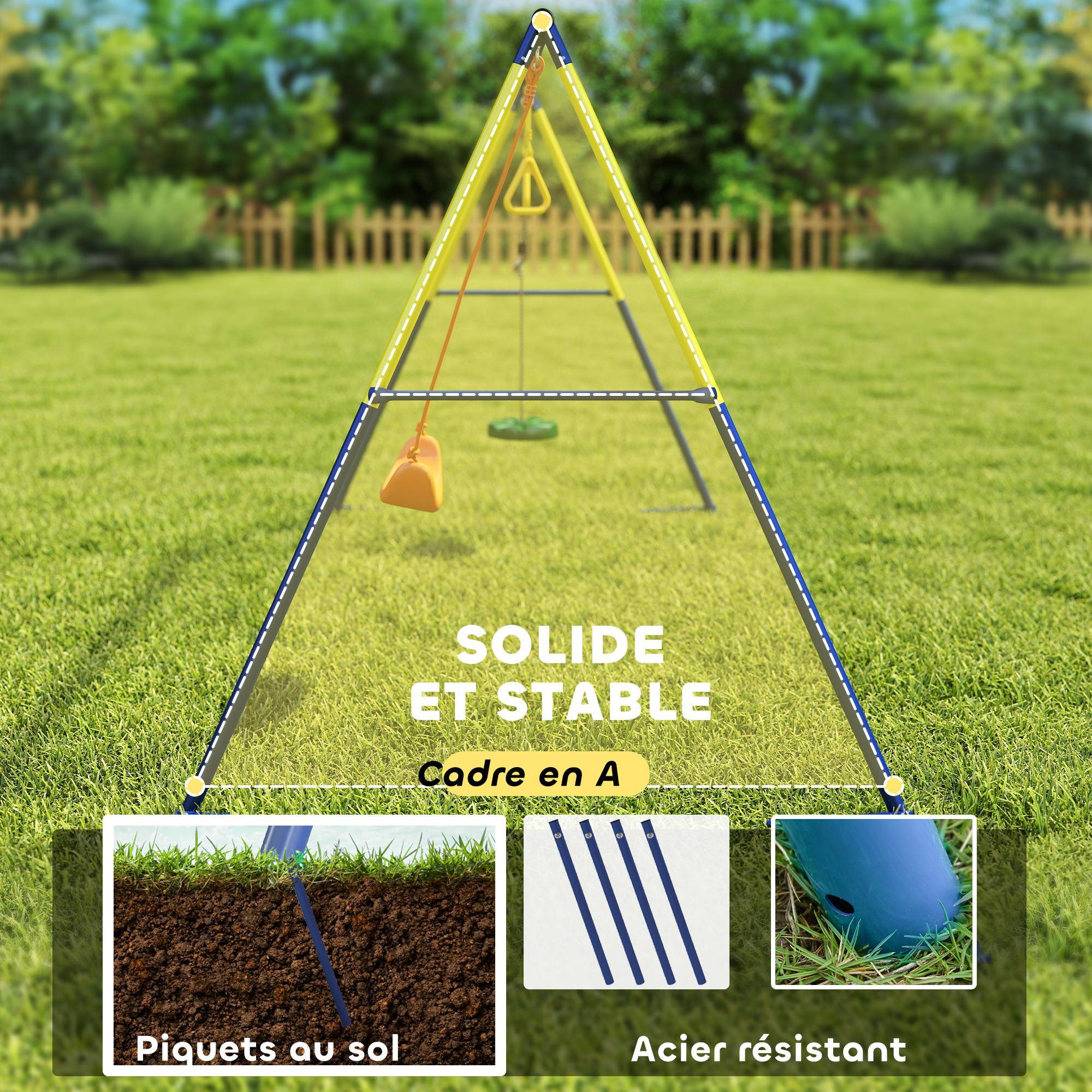 ComfortXL - Portique balançoire 3 en 1 en acier multicolore 285 x 160 x 181 cm pour jardin avec anneaux et disque de jeu - Image 5