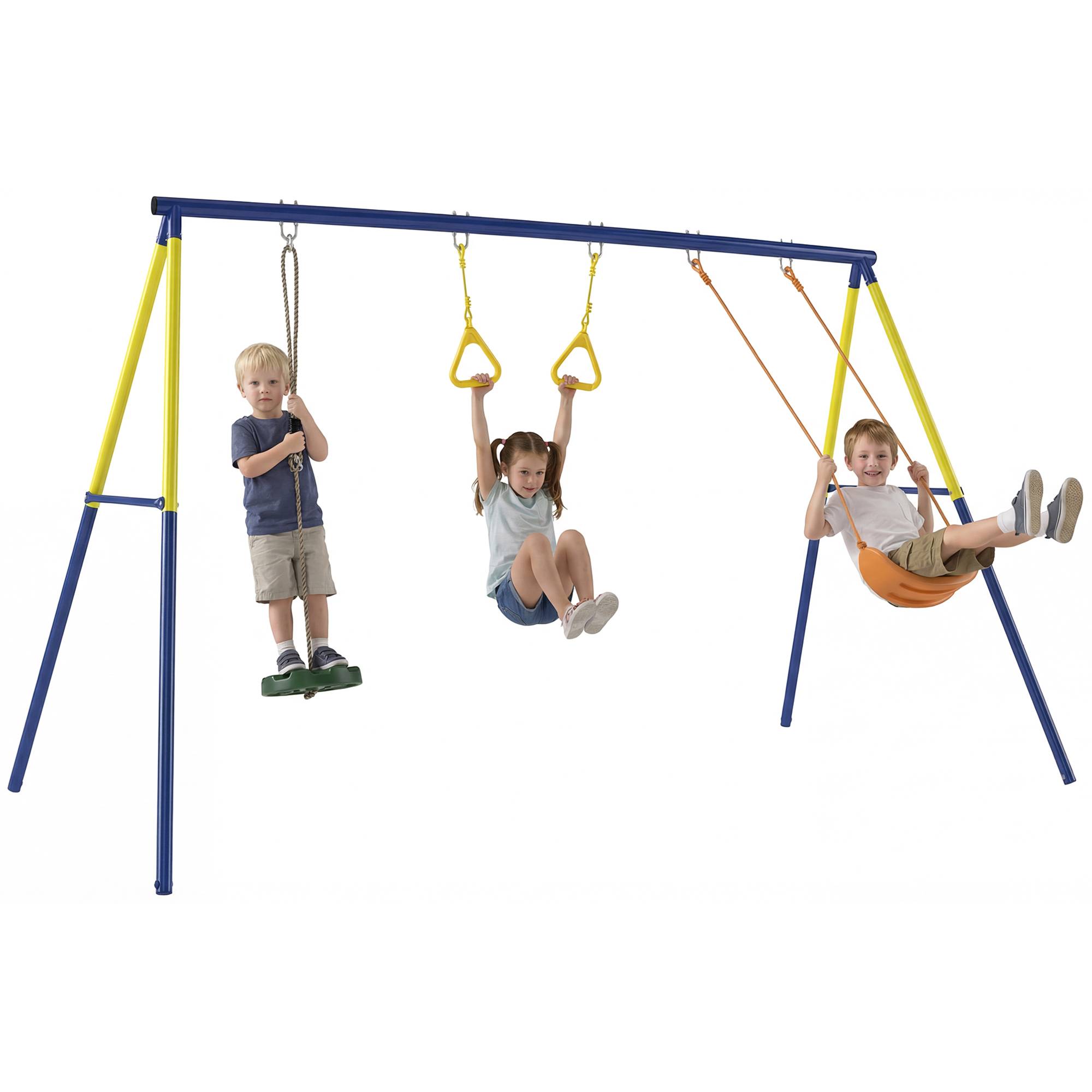 ComfortXL - Portique balançoire 3 en 1 en acier multicolore 285 x 160 x 181 cm pour jardin avec anneaux et disque de jeu - Image 2