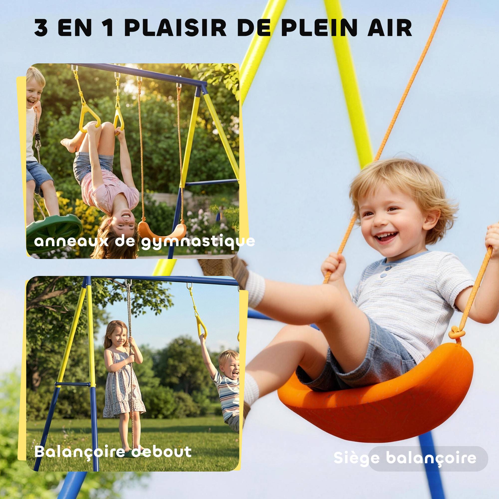 ComfortXL - Portique balançoire 3 en 1 en acier multicolore 285 x 160 x 181 cm pour jardin avec anneaux et disque de jeu - Image 4