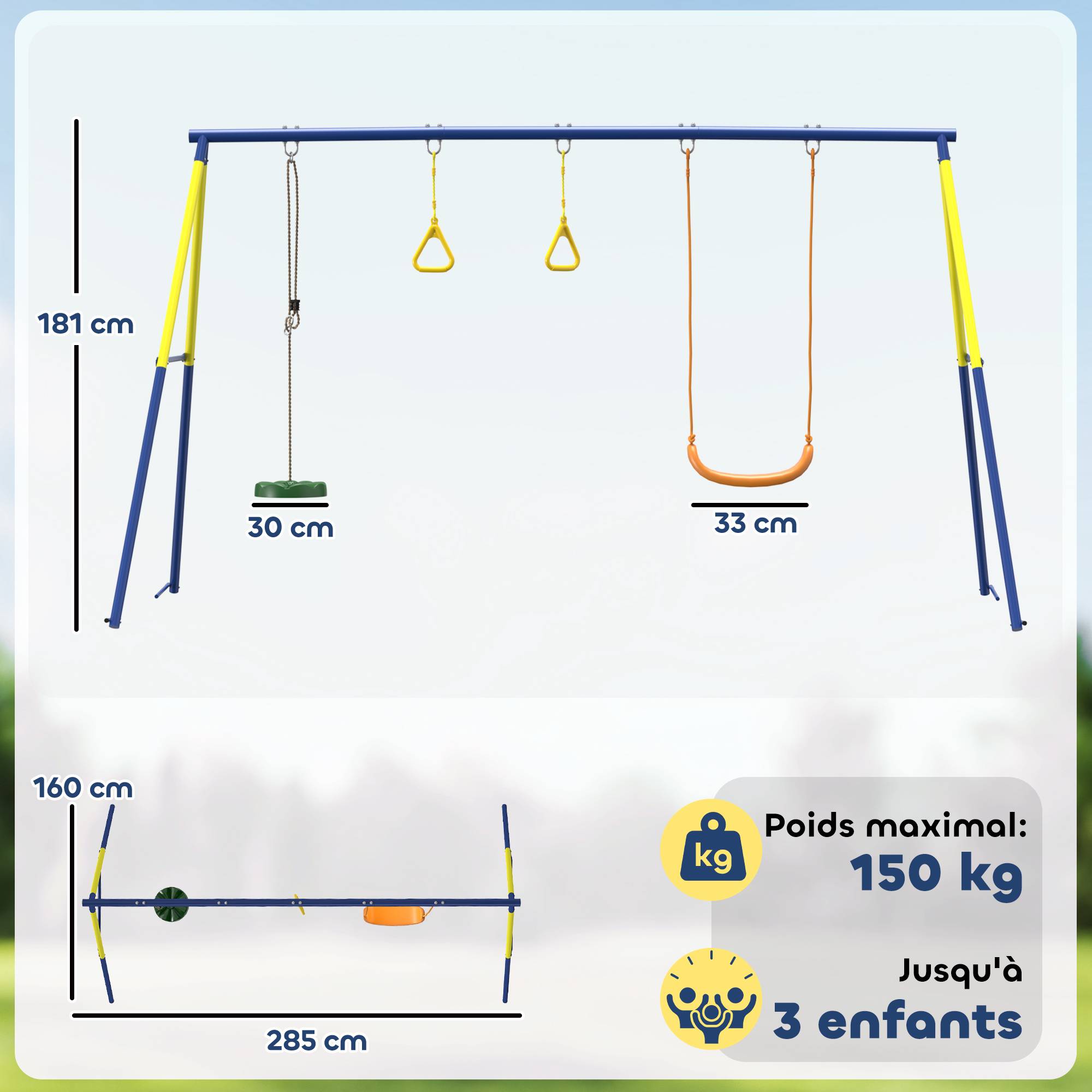 ComfortXL - Portique balançoire 3 en 1 en acier multicolore 285 x 160 x 181 cm pour jardin avec anneaux et disque de jeu - Image 3
