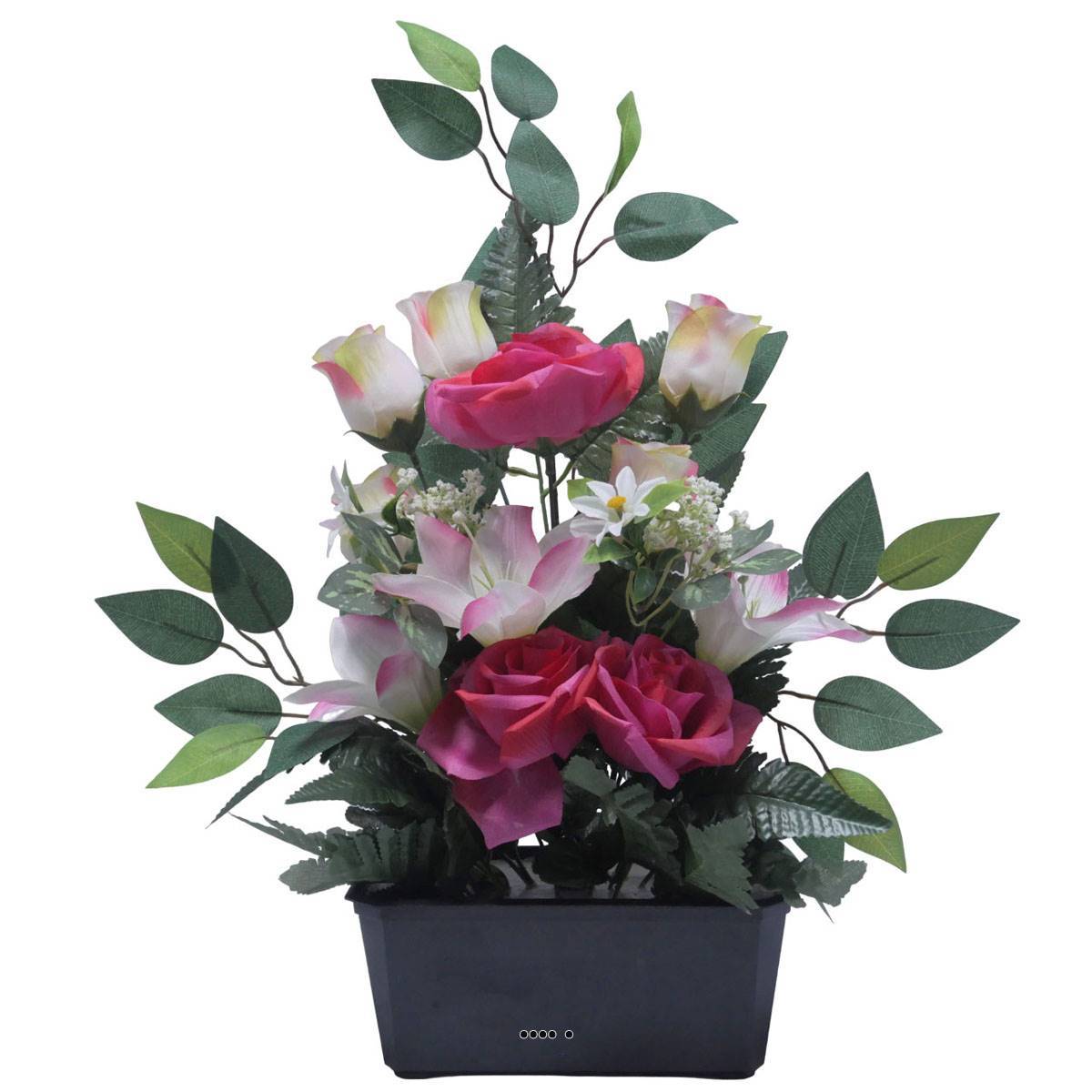 Artificielles - Jardinière fleurs Rose, Bouton de rose, Lys tigré et Ficus Rose fushiaartificiels pour la Toussaint - couleur: Rose fushia 730 - Imagen 1