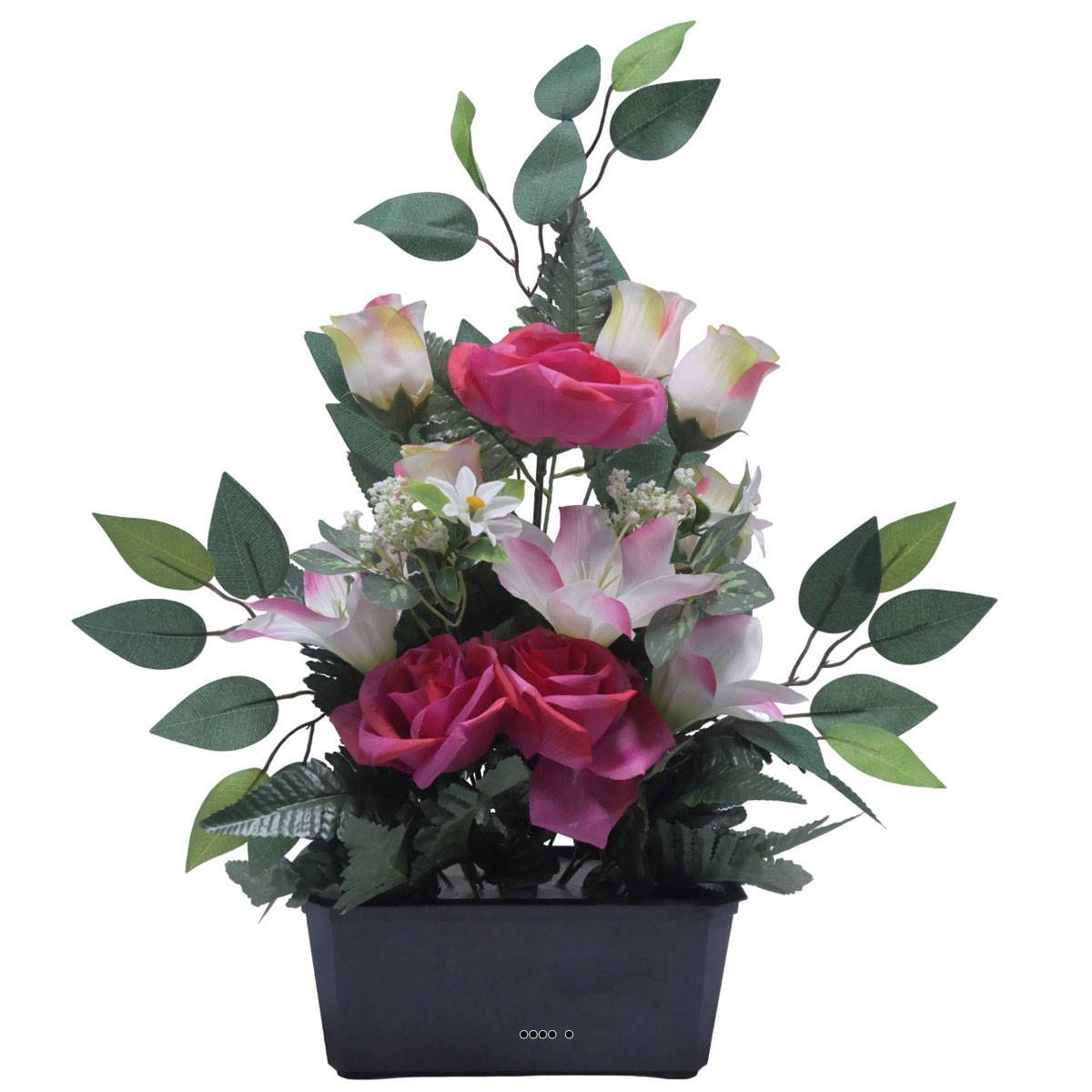Artificielles - Jardinière fleurs Rose, Bouton de rose, Lys tigré et Ficus Rose fushiaartificiels pour la Toussaint - couleur: Rose fushia 730 - Imagen 2