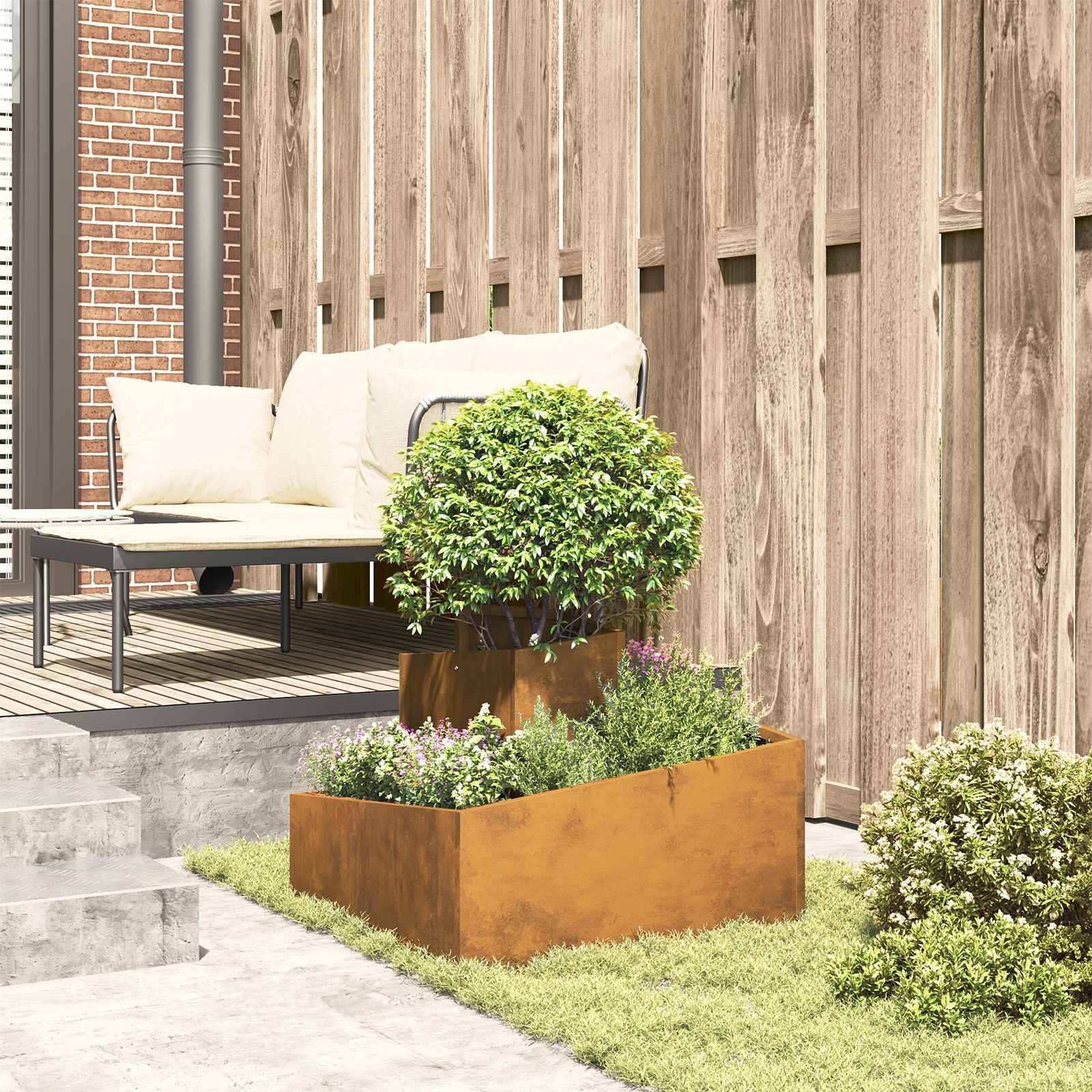 Cache-pot | Bac à fleurs de jardin Marron 60 x 60 x 50 cm Acier patiné - Image 4