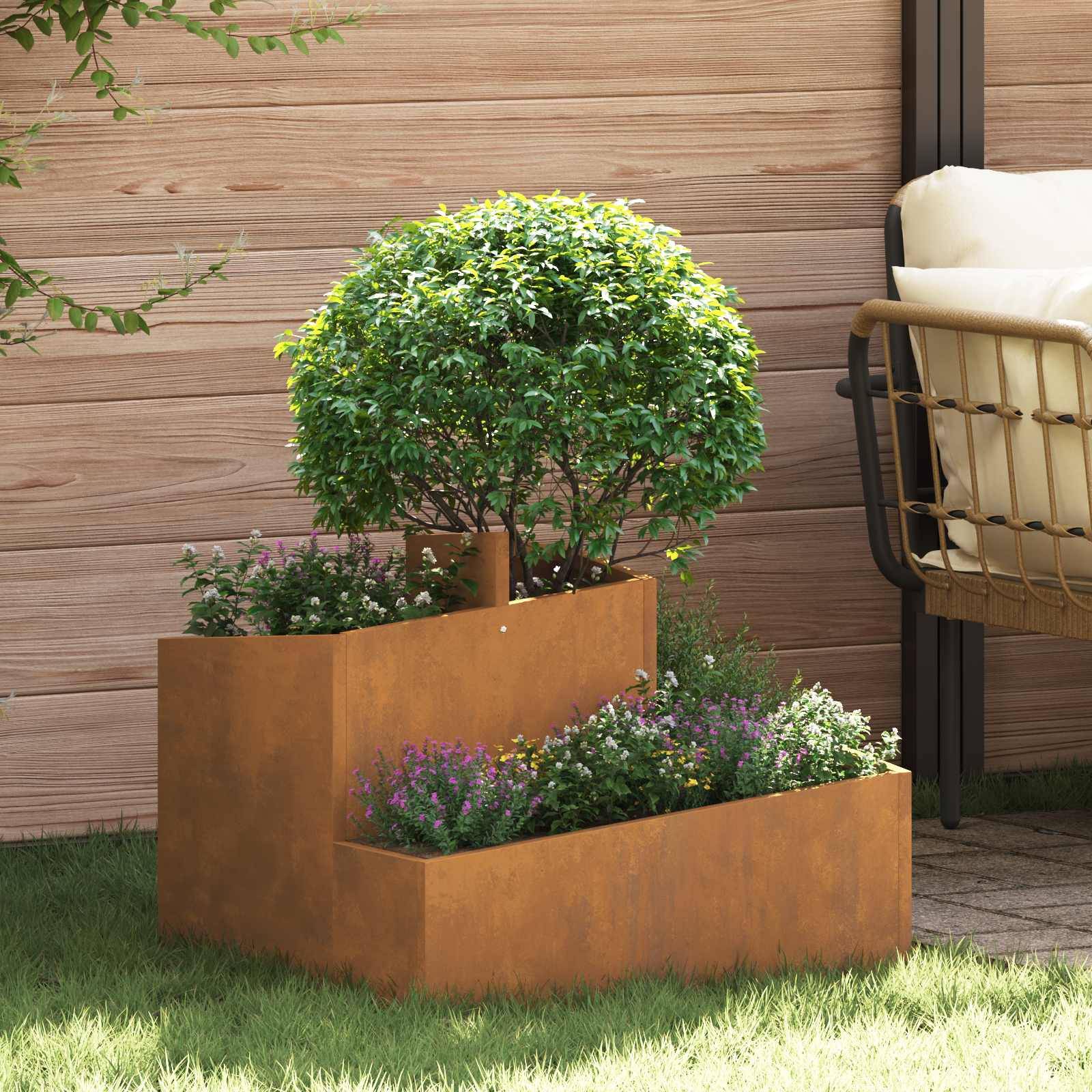 Cache-pot | Bac à fleurs de jardin Marron 60 x 60 x 50 cm Acier patiné - Image 2