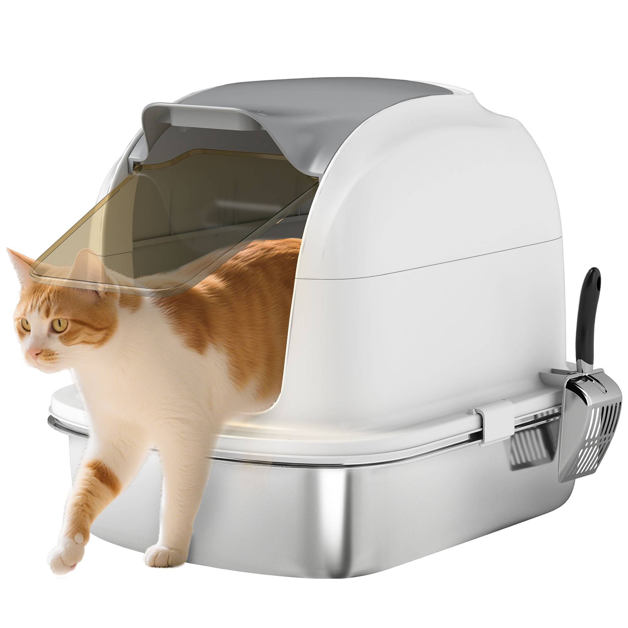 Litière chat acier inoxydable XL couvercle rabattable côtés hauts entrée haute pelle blanc - Image 1