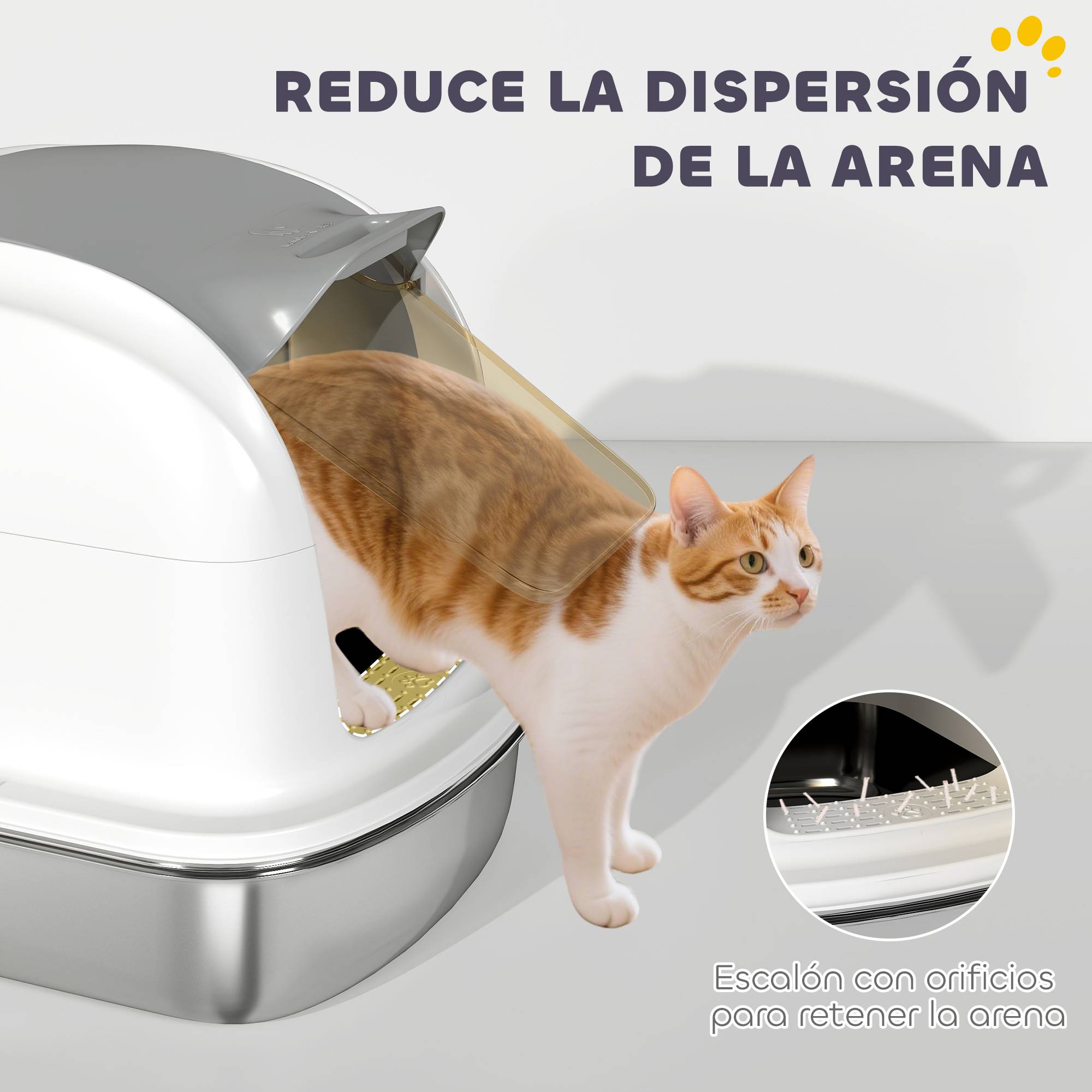 Litière chat acier inoxydable XL couvercle rabattable côtés hauts entrée haute pelle blanc - Image 10