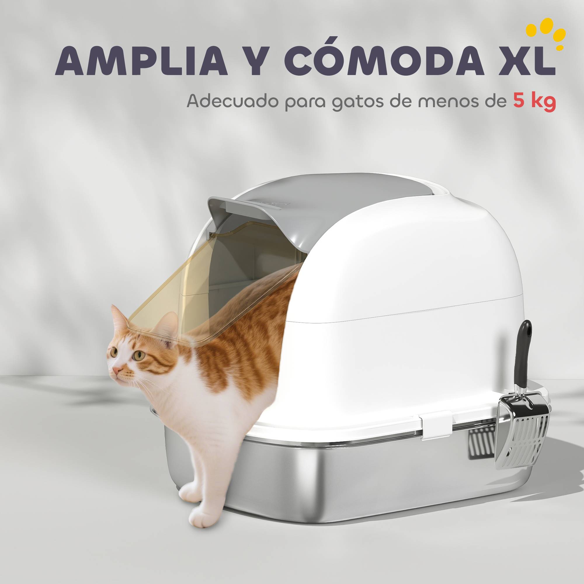 Litière chat acier inoxydable XL couvercle rabattable côtés hauts entrée haute pelle blanc - Image 8
