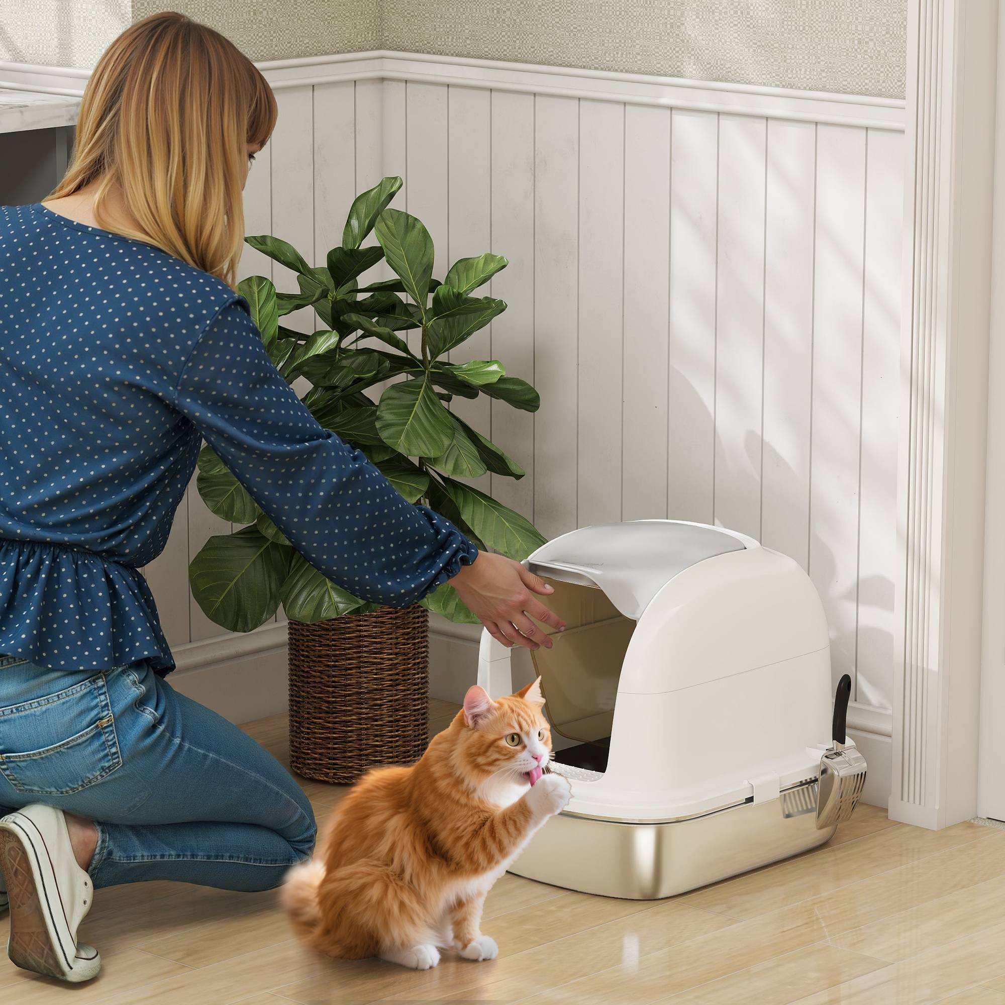 Litière chat acier inoxydable XL couvercle rabattable côtés hauts entrée haute pelle blanc - Image 3