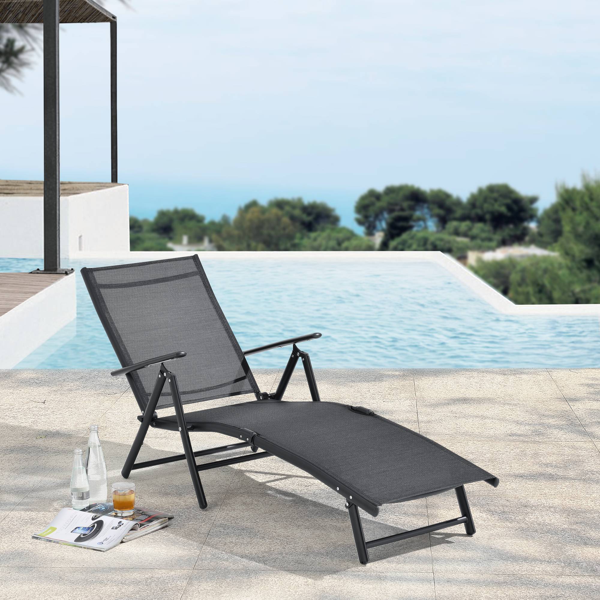 Transat Alborea Inclinable 160° Bain de Soleil avec Accoudoirs 150 x 65 x 86 cm Noir [en.casa] - Image 2