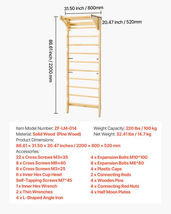 Vevor - VEVOR Espalier mural en pin massif 10 niveaux, capacité 100 kg, gym 2-en-1 avec barre de traction réglable, station de jeu intérieure. - Image 6