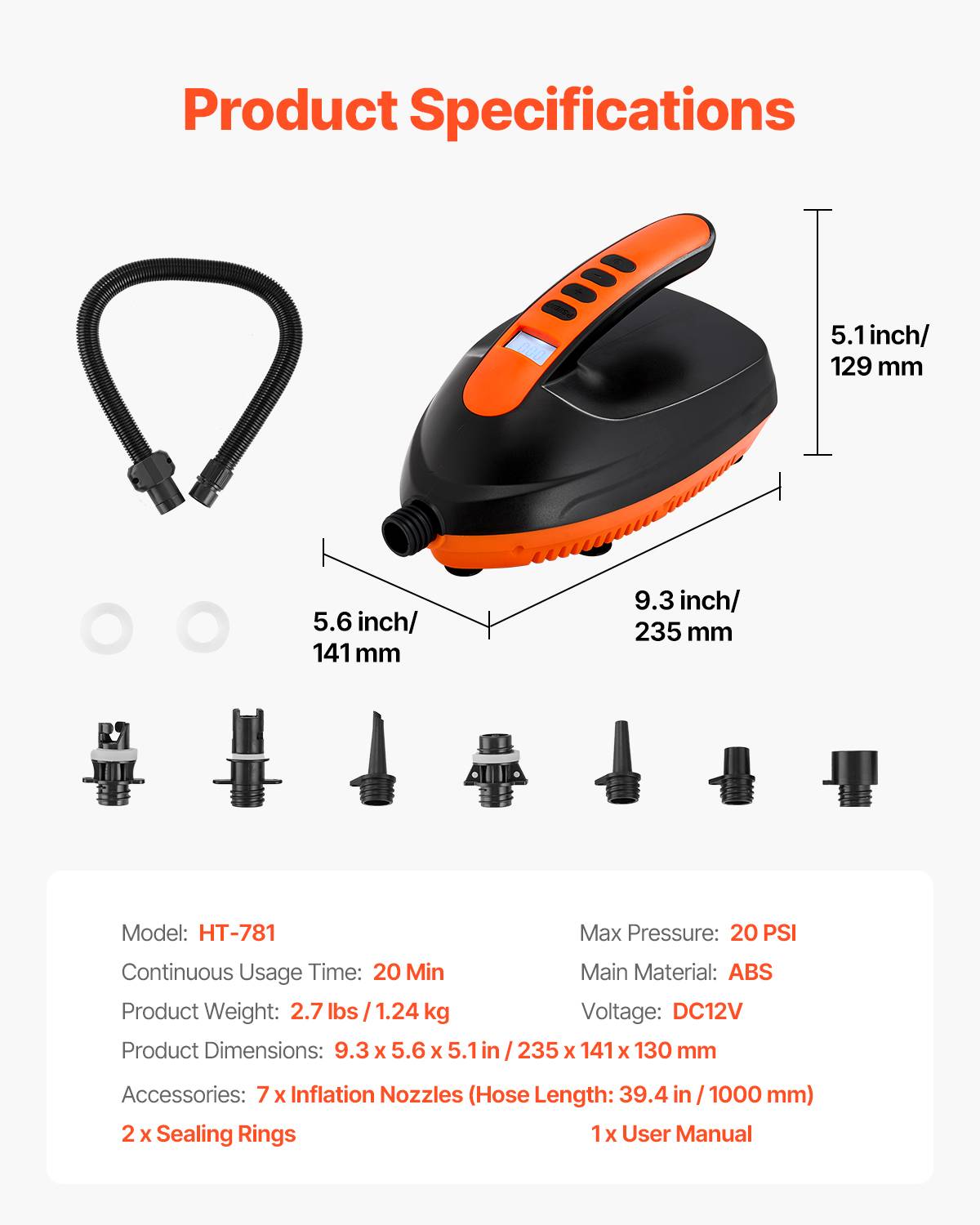 VEVOR Pompe air paddle 20 psi, allume-cigare, arrêt auto, 70 L/min, pour bateau, kayak, matelas. - Image 7