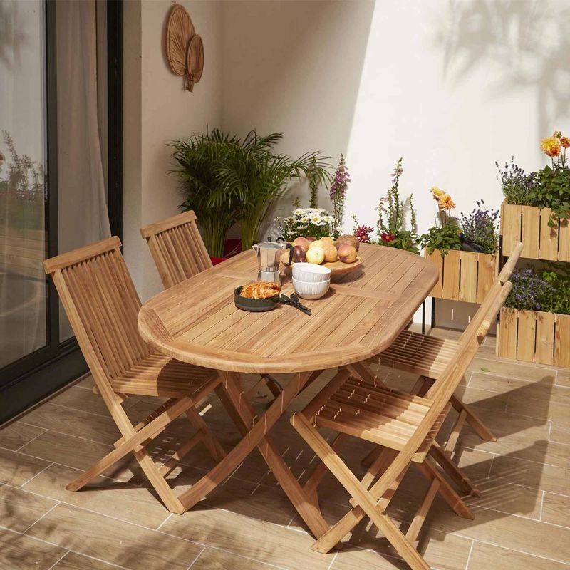 Salon de jardin en teck avec table ronde à rabats + 4 chaises Besuki - Decome Store