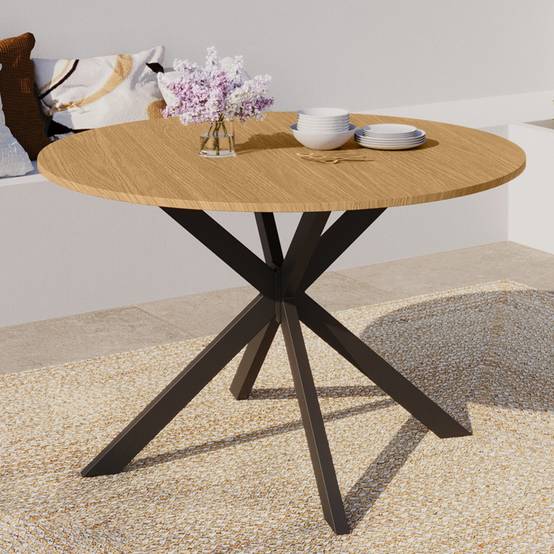 Table de jardin ronde MESSINA 120 cm 6 personnes pied araignée plateau métal effet bois - Image 4
