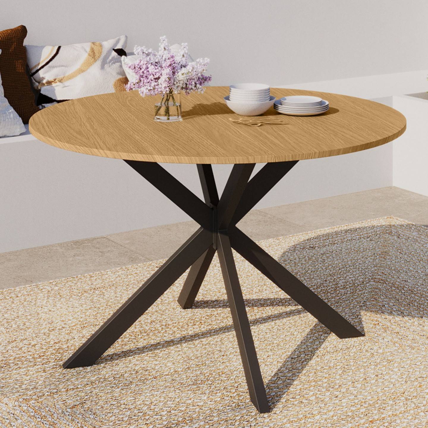 Table de jardin ronde MESSINA 120 cm 6 personnes pied araignée plateau métal effet bois - Image 4