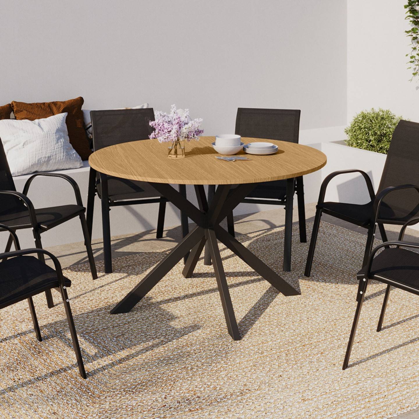 Table de jardin ronde MESSINA 120 cm 6 personnes pied araignée plateau métal effet bois - Image 1