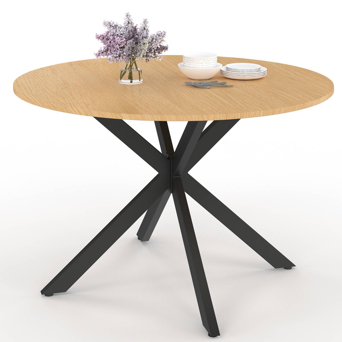 Table de jardin ronde MESSINA 120 cm 6 personnes pied araignée plateau métal effet bois - Image 2