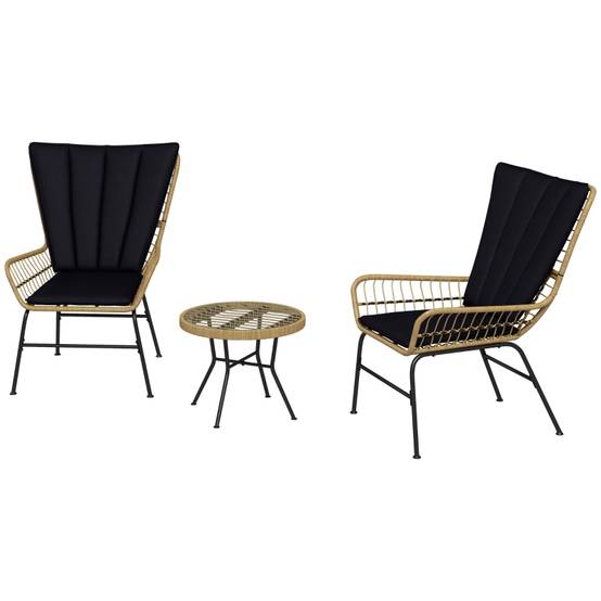 Set de jardin 3 pièces avec 2 chaises en rattan et table basse en verre trempé, noir - PANGIVO - Image 1