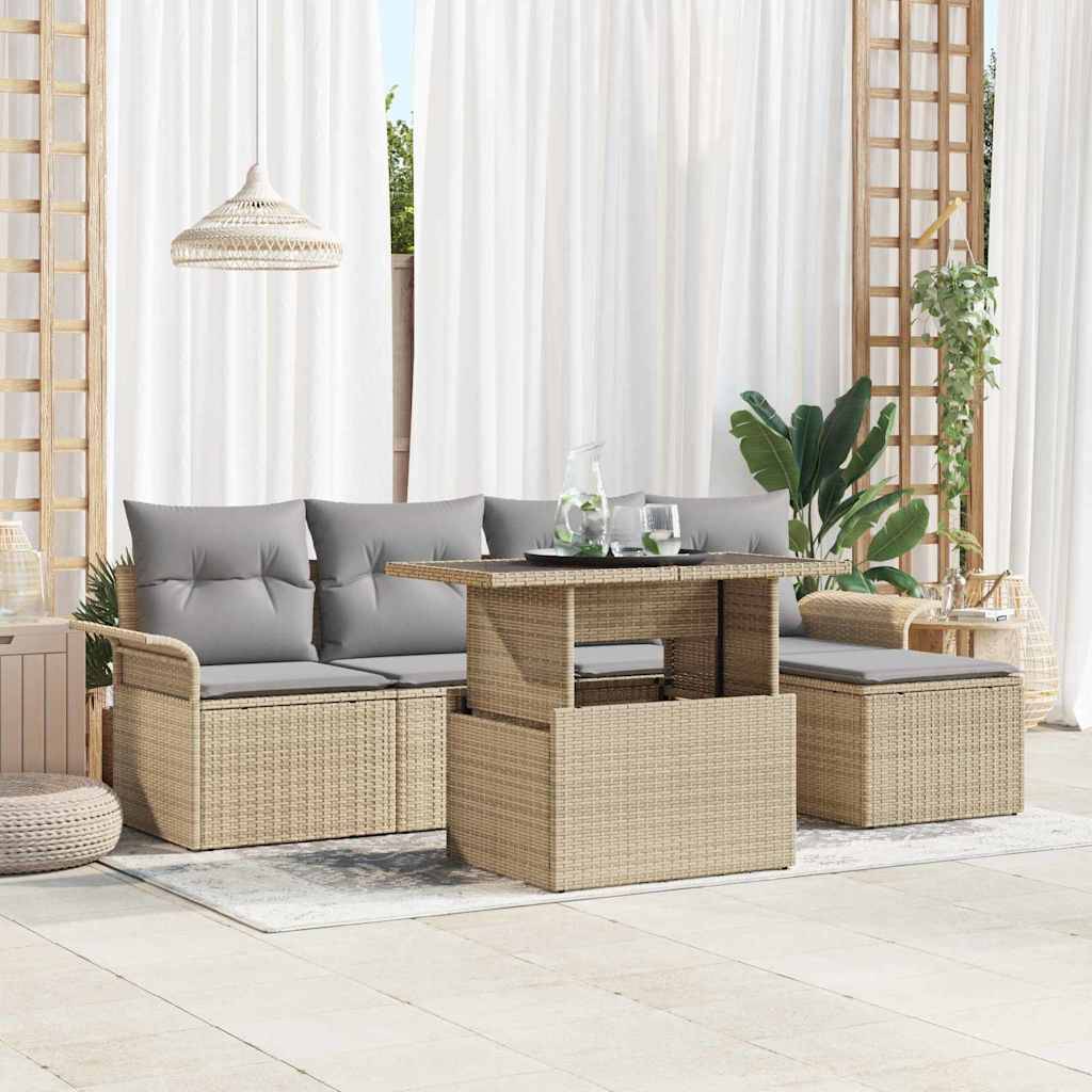 Salon de jardin 6 pièces Beige polyrotin 5 places modulable avec pouf – ComfortXL Outdoor Living