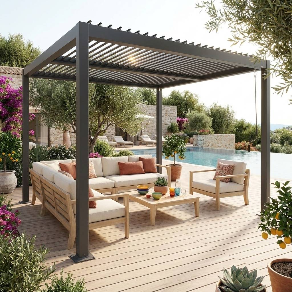Pergola bioclimatique anthracite. aluminium et acier. 3x3m. lames orientables | sweeek - Image 1