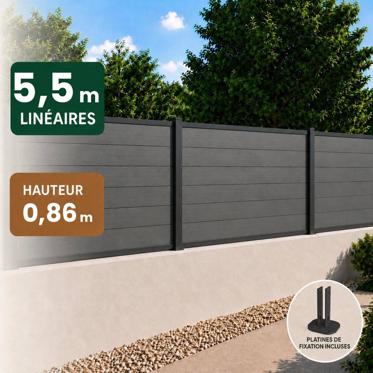 Direct Abris - Kit clôture RECIFE Bois Composite ardoise 5,47m poteau 60x70mm noir sur platines 0,86m