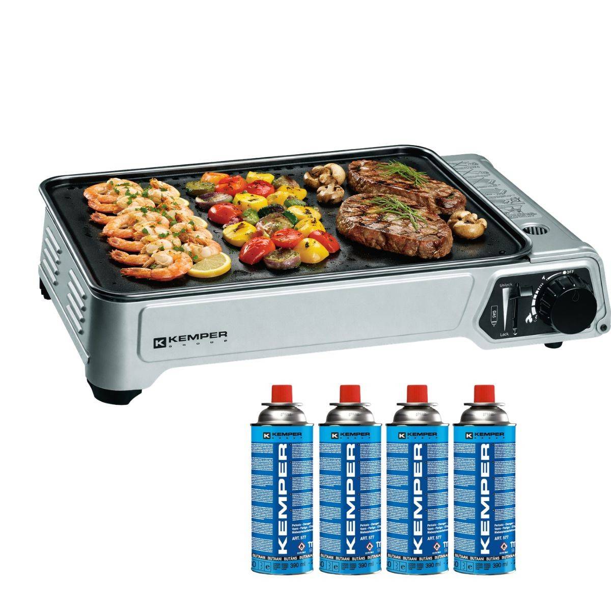 Plancha à gaz portable 2300W + 4 cartouches de gaz + Valise de transport KEMPER - Imagen 1