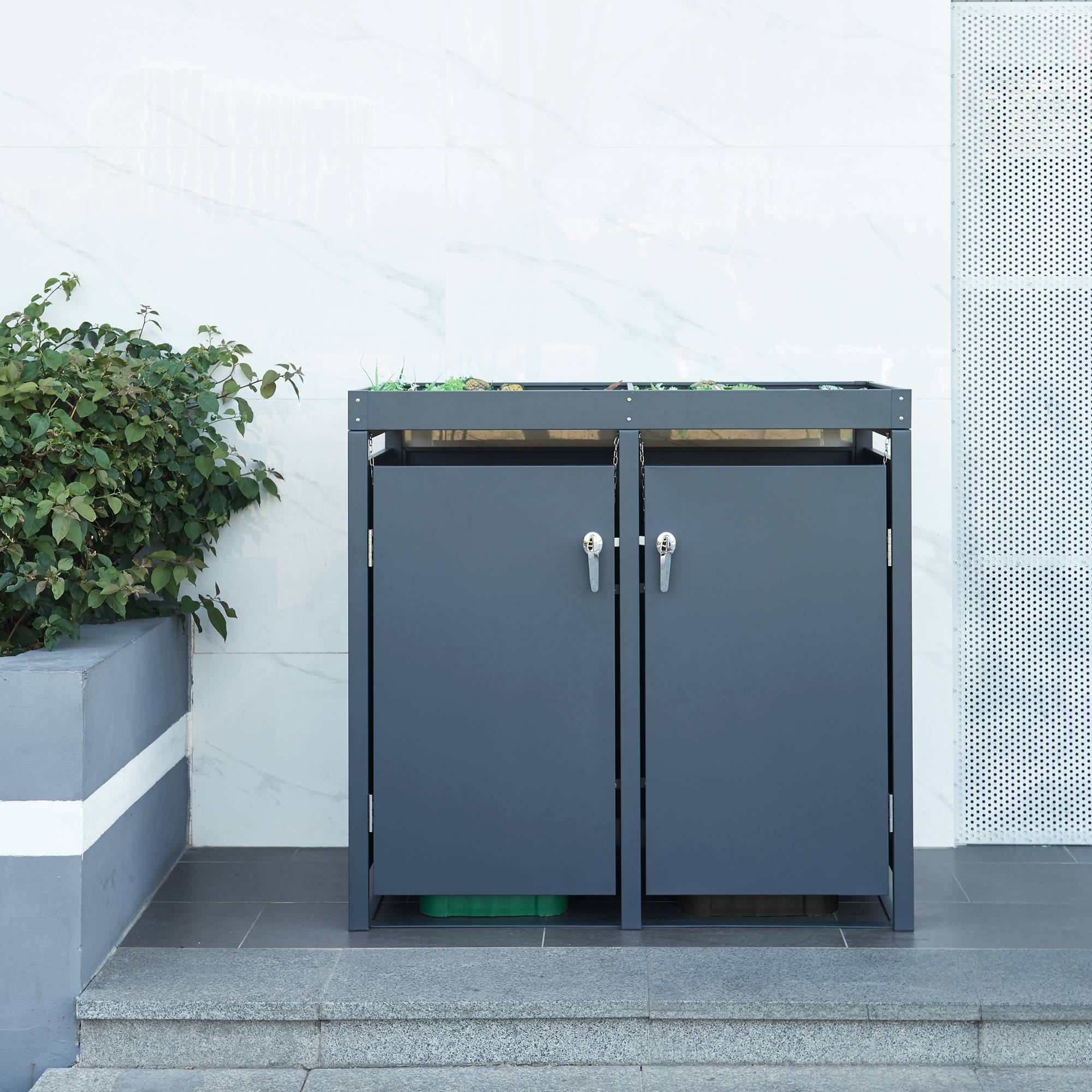 Cache-poubelle Valkeakoski pour 2 poubelles de 120 L acier galvanisé 110 x 115 x 62 cm anthracite en.casa - Imagen 3