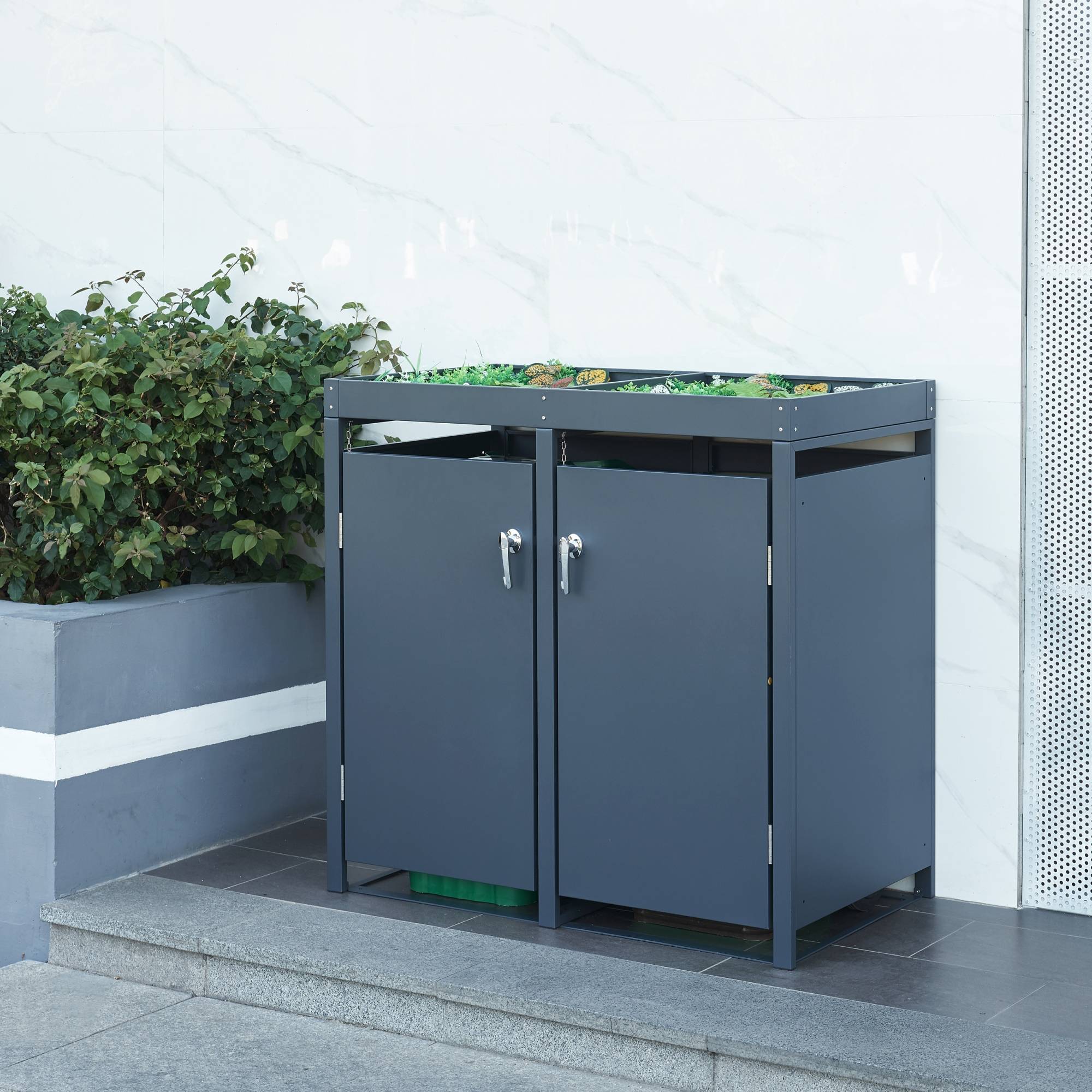 Cache-poubelle Valkeakoski pour 2 poubelles de 120 L acier galvanisé 110 x 115 x 62 cm anthracite en.casa - Imagen 2