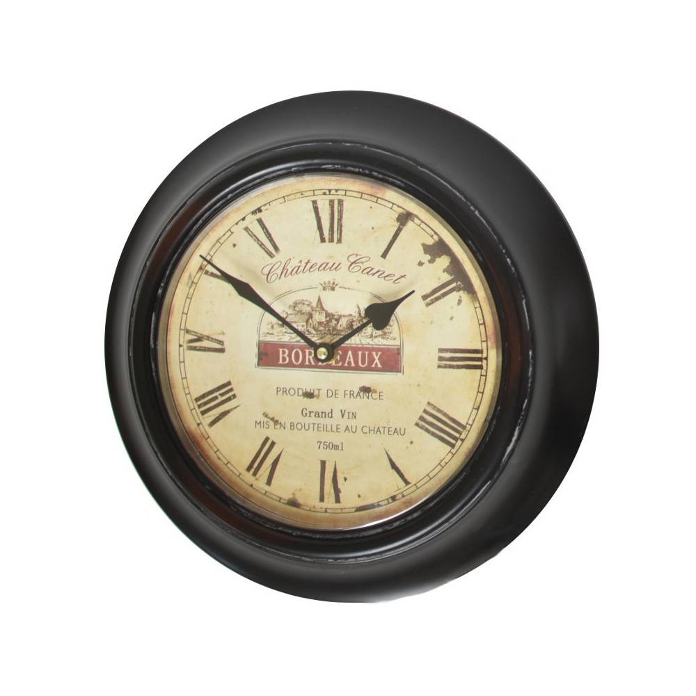 ~ Horloge murale décorative vintage ancien salon métal noir beige 33cm Chemin de campagne