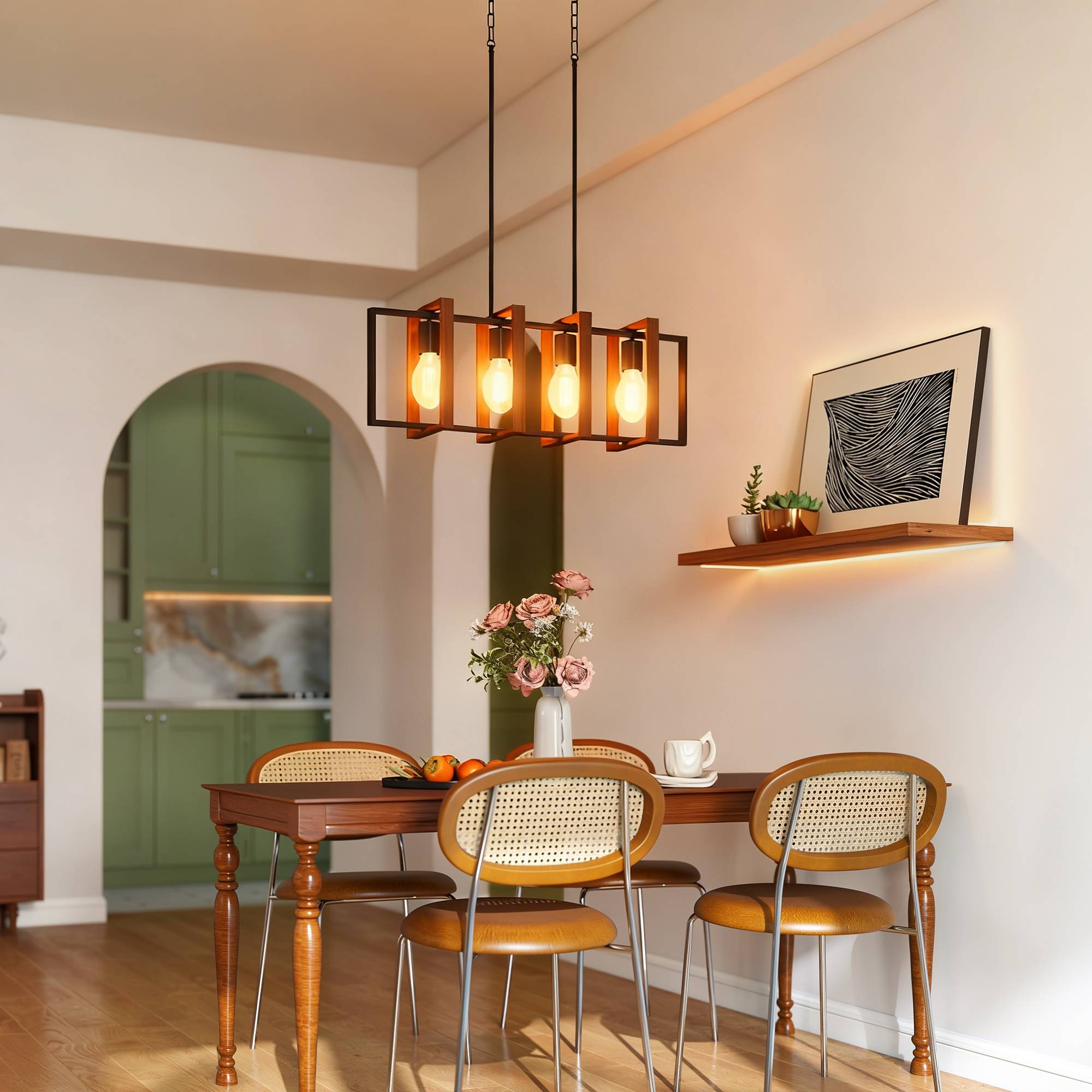 Sans Marque - Suspension luminaire moderne lustre plafonnier 4 cadres rotatifs hauteur réglable 80x21x90-130 cm noyer - Image 3