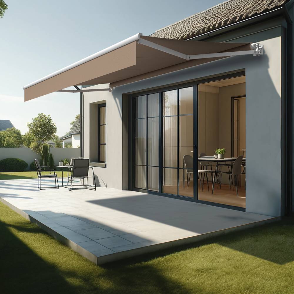 Store banne loggia LOCUS 4,00x2,00m (Motorisé à Télécommande - Taupe - Blanc) - Alia Productions - Imagen 1