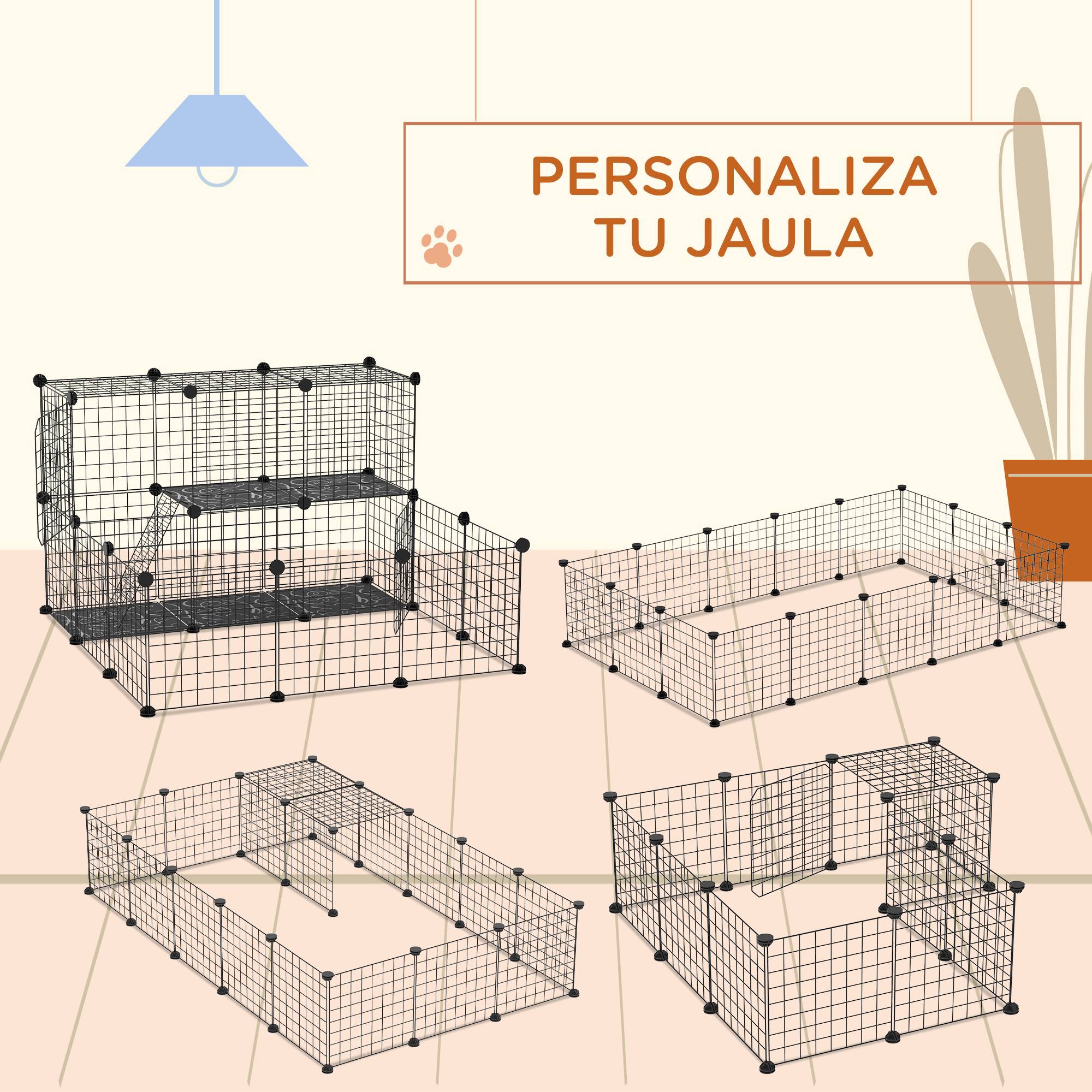 Cage modulaire pour petits animaux (cochons d'Inde, lapins, chinchillas) avec 24 panneaux et 2 portes, 105 x 105 x 70 cm, noire - Image 6