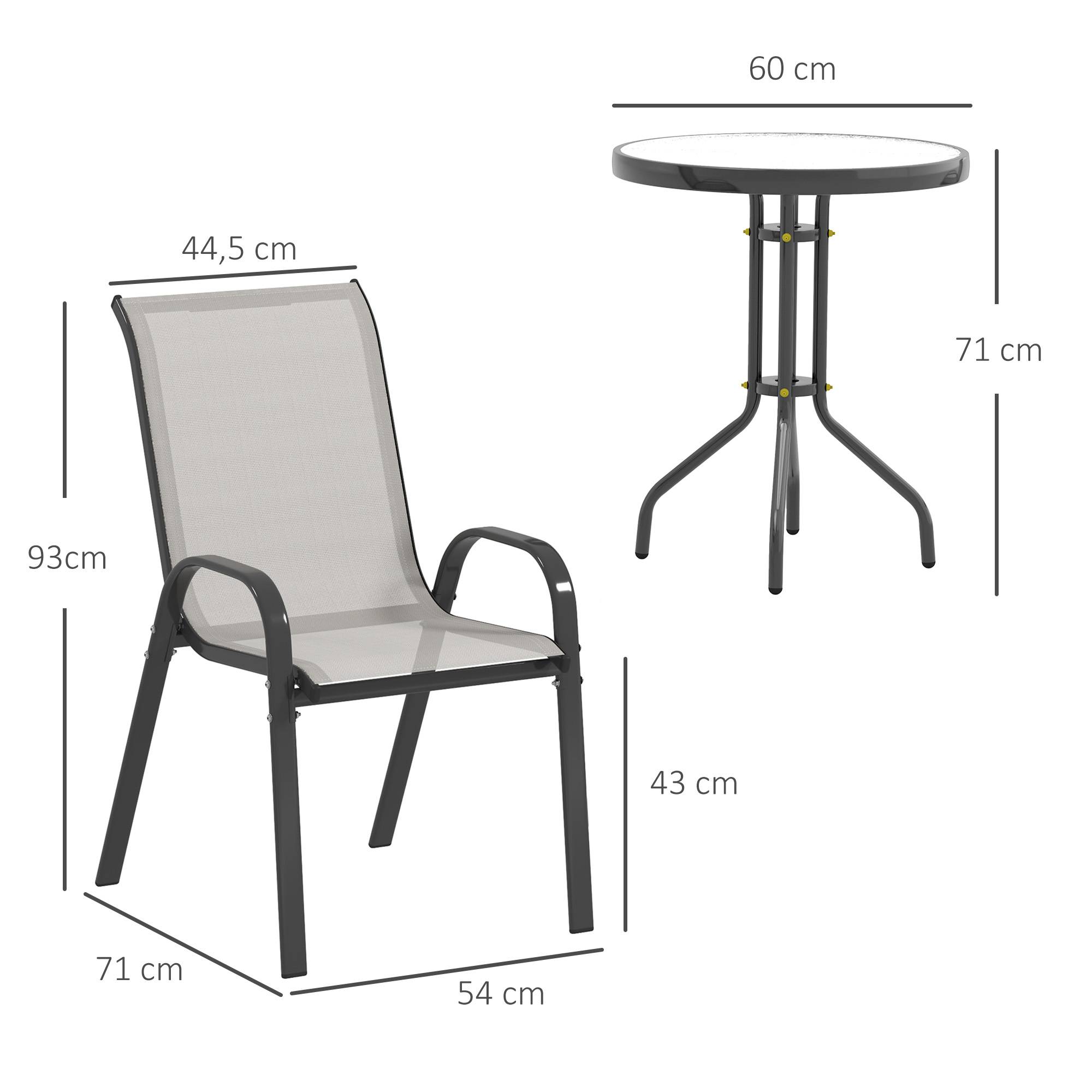 3 pièces salon de jardin extérieur ensemble de meubles 2 fauteuils empilables table basse dessus verre trempé gris clair - Image 5