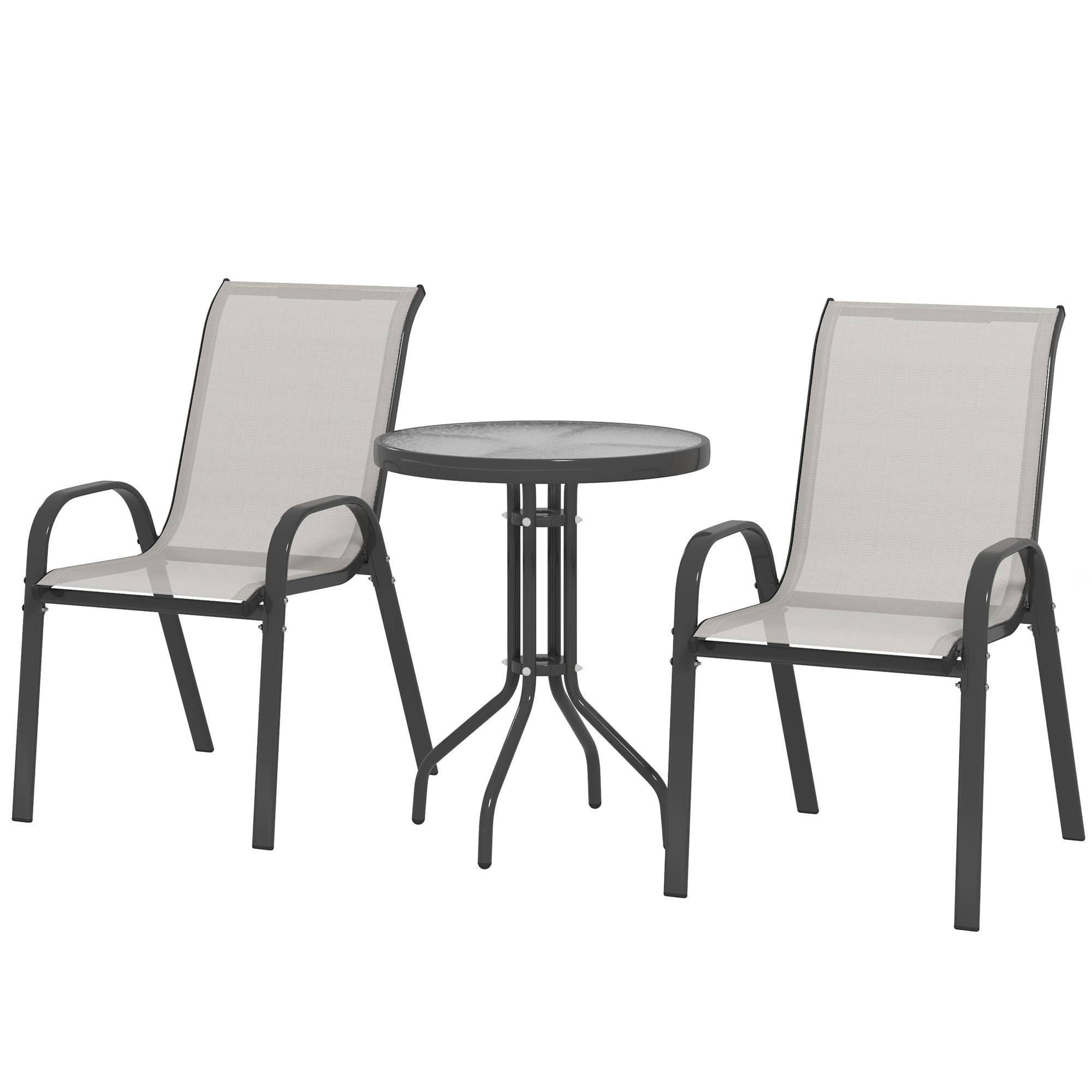 3 pièces salon de jardin extérieur ensemble de meubles 2 fauteuils empilables table basse dessus verre trempé gris clair - Image 2
