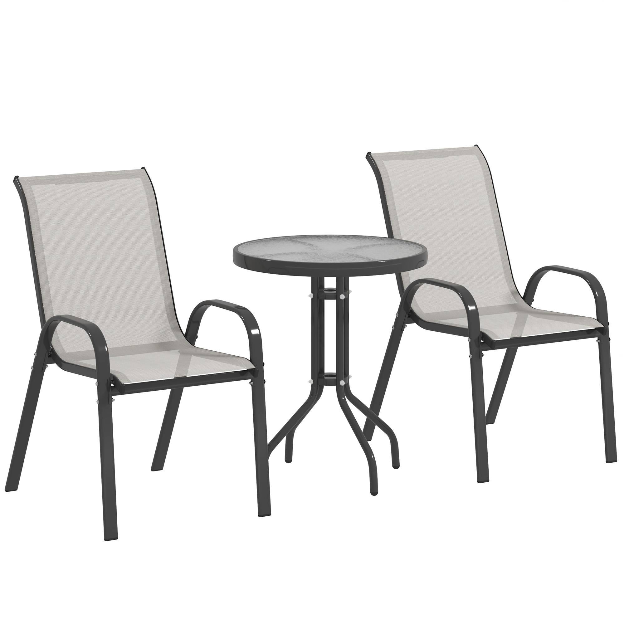 3 pièces salon de jardin extérieur ensemble de meubles 2 fauteuils empilables table basse dessus verre trempé gris clair - Image 1