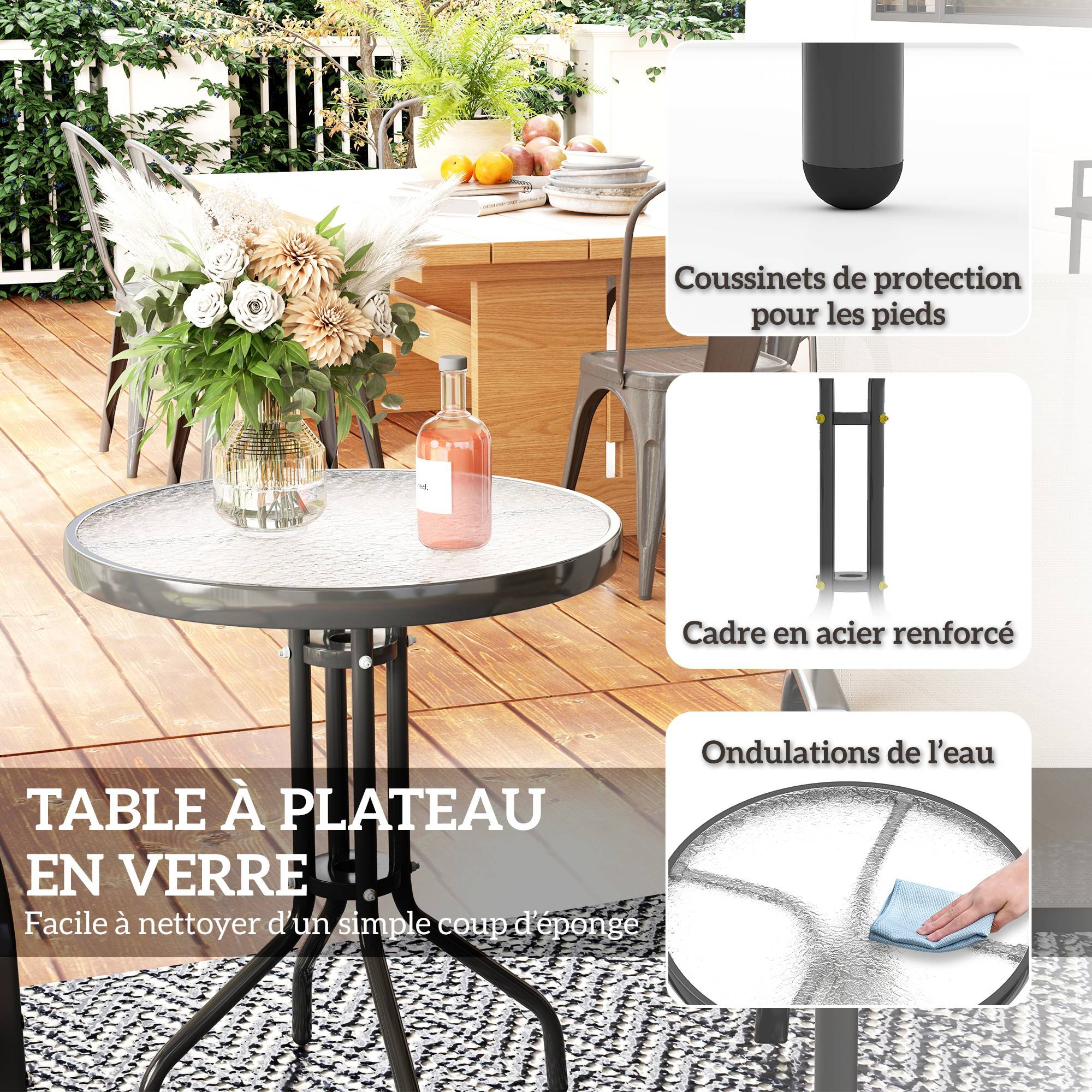 3 pièces salon de jardin extérieur ensemble de meubles 2 fauteuils empilables table basse dessus verre trempé gris clair - Image 9