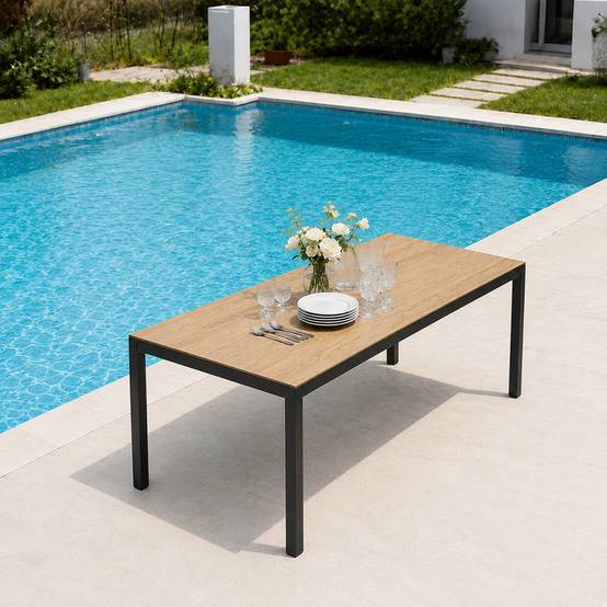 Table de jardin 240cm 10 personnes avec plateau en verre trempé effet bois BRISBANE - Image 4