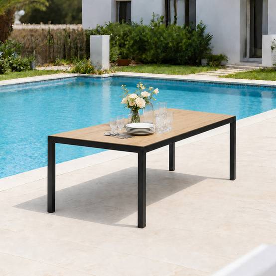 Table de jardin 240cm 10 personnes avec plateau en verre trempé effet bois BRISBANE - Image 2
