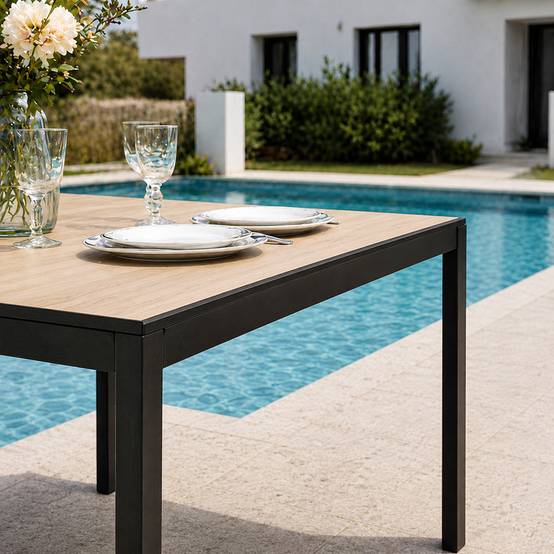 Table de jardin 240cm 10 personnes avec plateau en verre trempé effet bois BRISBANE - Image 6