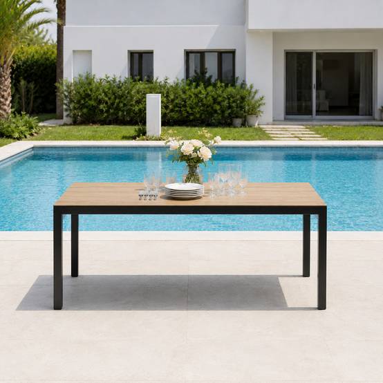 Table de jardin 240cm 10 personnes avec plateau en verre trempé effet bois BRISBANE - Image 5