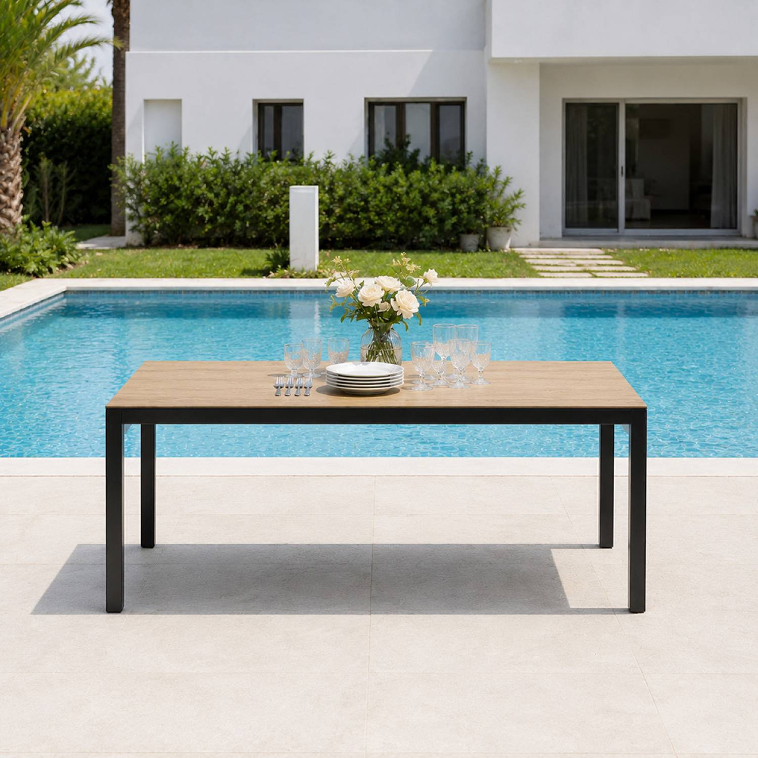 Table de jardin 240cm 10 personnes avec plateau en verre trempé effet bois BRISBANE - Image 5