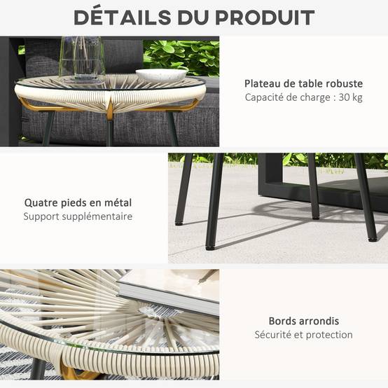 Table basse ronde jardin métal aspect rotin balcon plateau verre trempé crème - ComfortXL Outdoor Living - Image 8