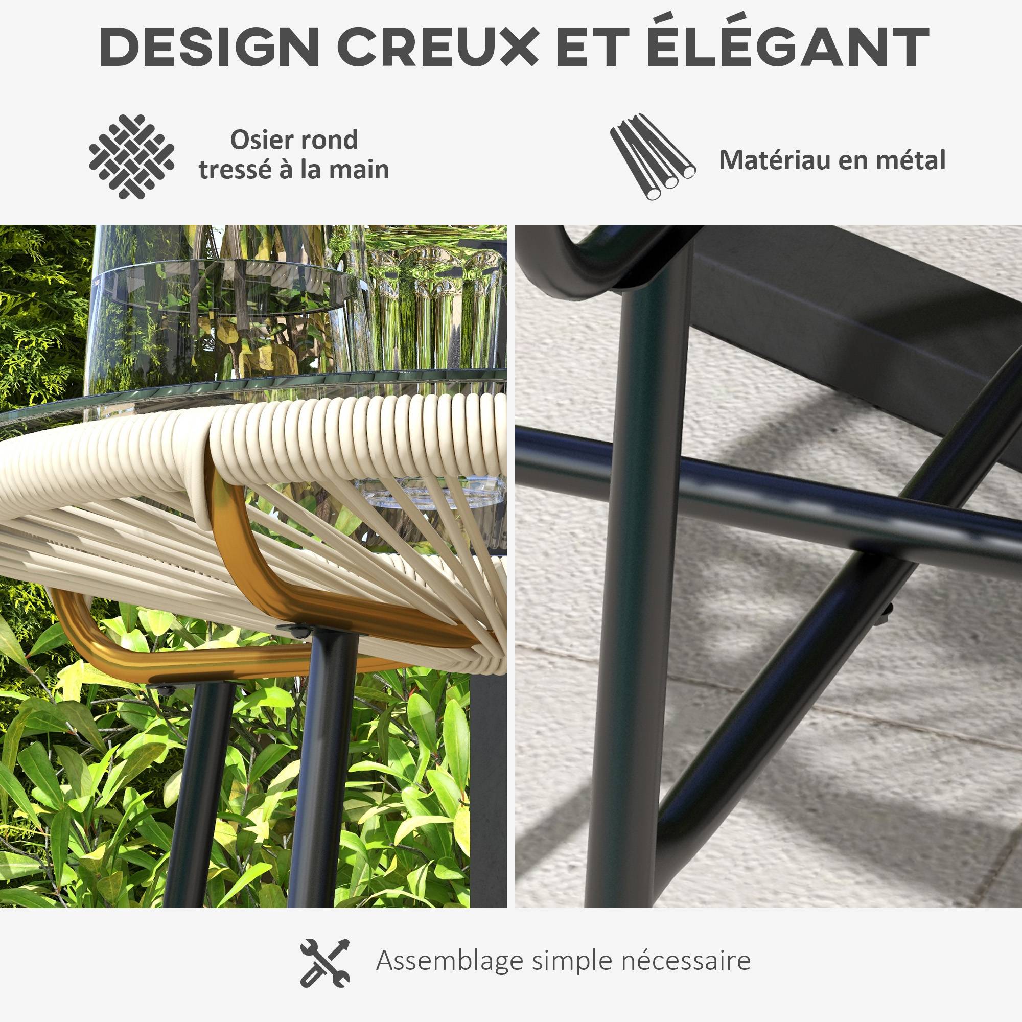 Table basse ronde jardin métal aspect rotin balcon plateau verre trempé crème - ComfortXL Outdoor Living - Image 7