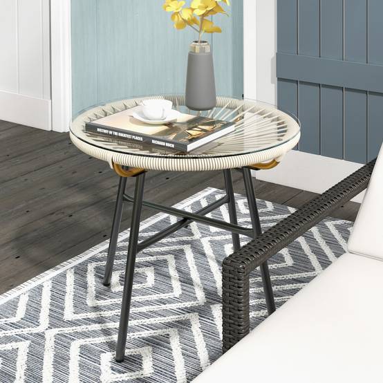 Table basse ronde jardin métal aspect rotin balcon plateau verre trempé crème - ComfortXL Outdoor Living - Image 3