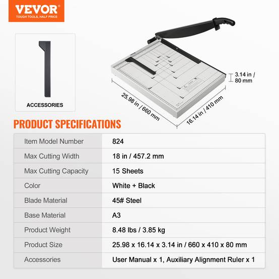 VEVOR Massicot A3 capacité 15 feuilles, largeur coupe 45.7cm, guillotine avec sécurité, pour bureau/imprimerie/école. - Image 7