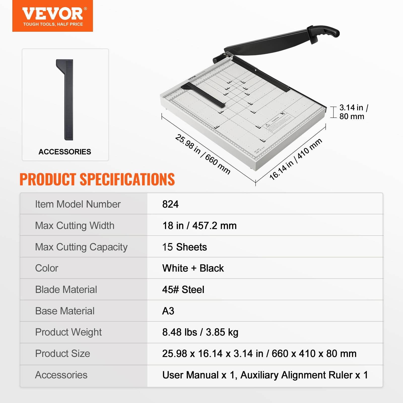 VEVOR Massicot A3 capacité 15 feuilles, largeur coupe 45.7cm, guillotine avec sécurité, pour bureau/imprimerie/école. - Image 7