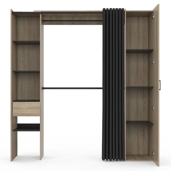 Dressing extensible MERYL 145/170 x 50 x 180 cm hêtre avec étagères + double penderie + miroir + rideau noir - Image 3